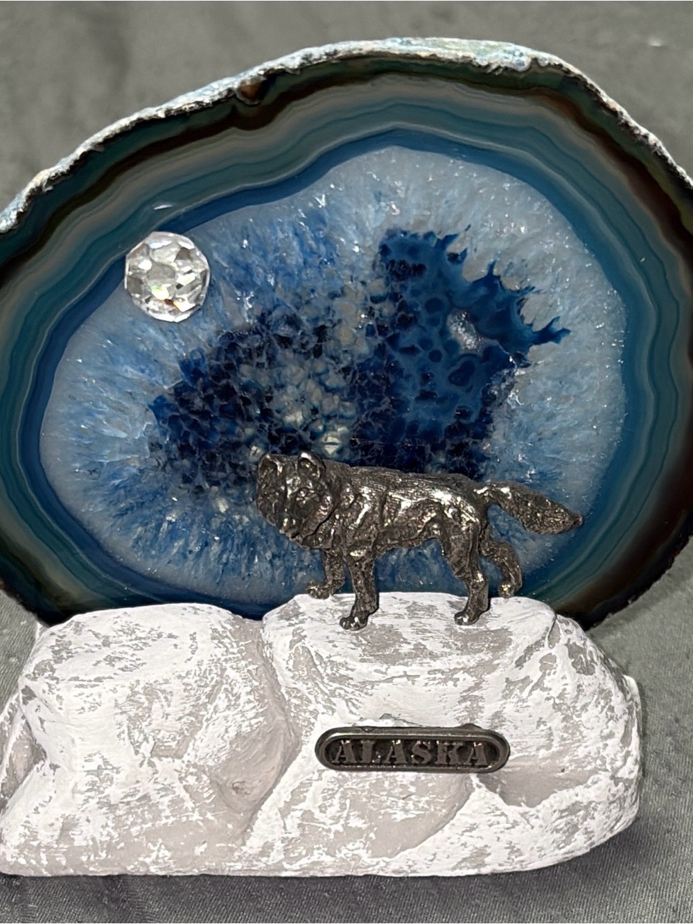 Alaska Wolf on Blue Agate Slice Tea Light Holder